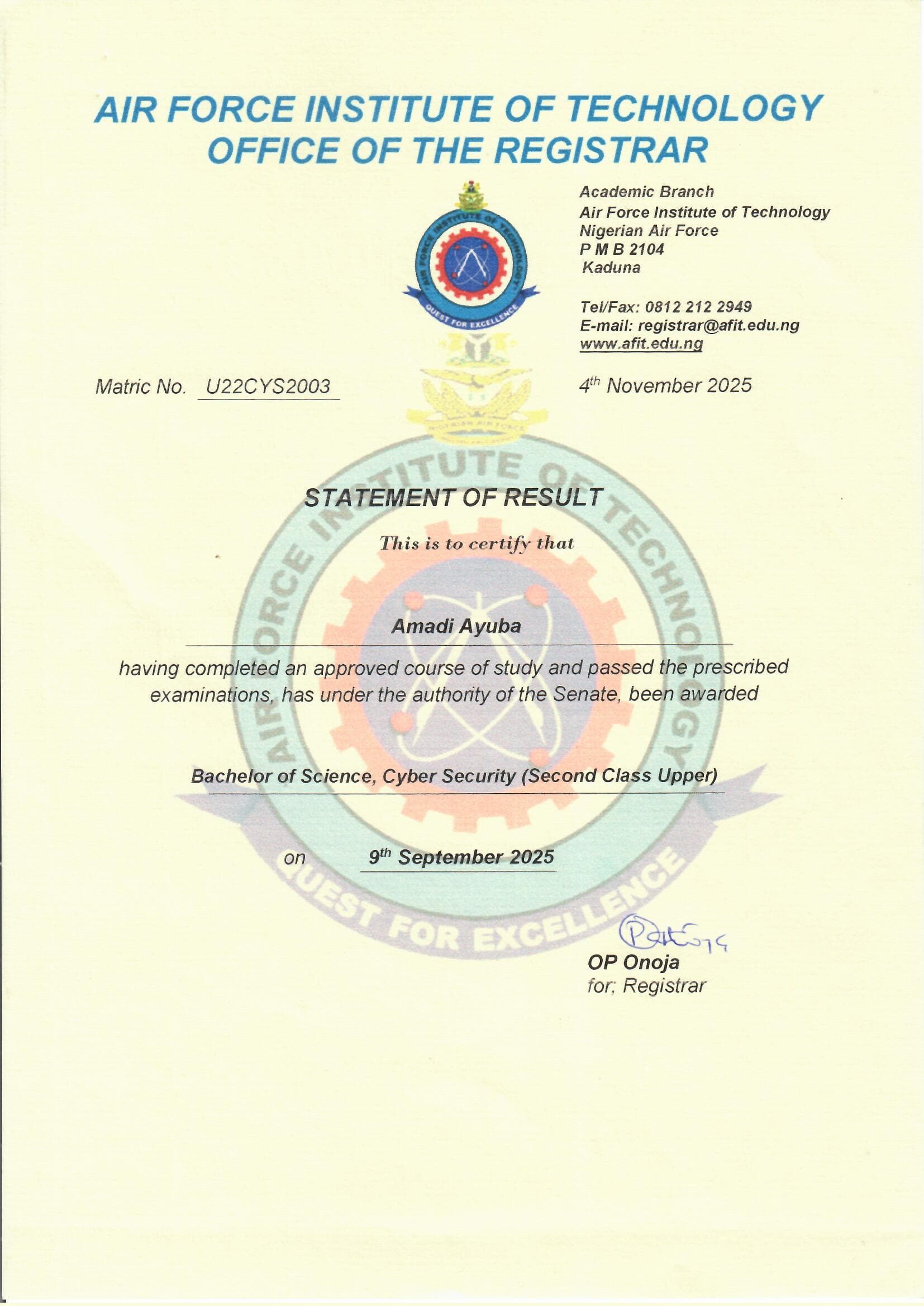 Statement of Result for Bachelor of Science in Cyber Security from Air Force Institute of Technology (AFIT), Kaduna