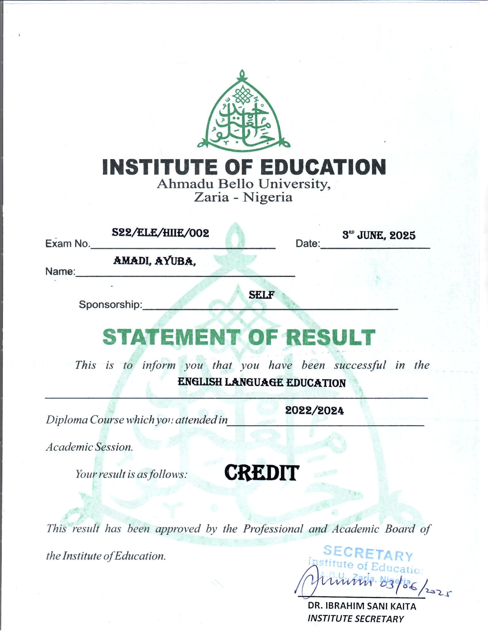 Diploma in English Language Education credential from Ahmadu Bello University