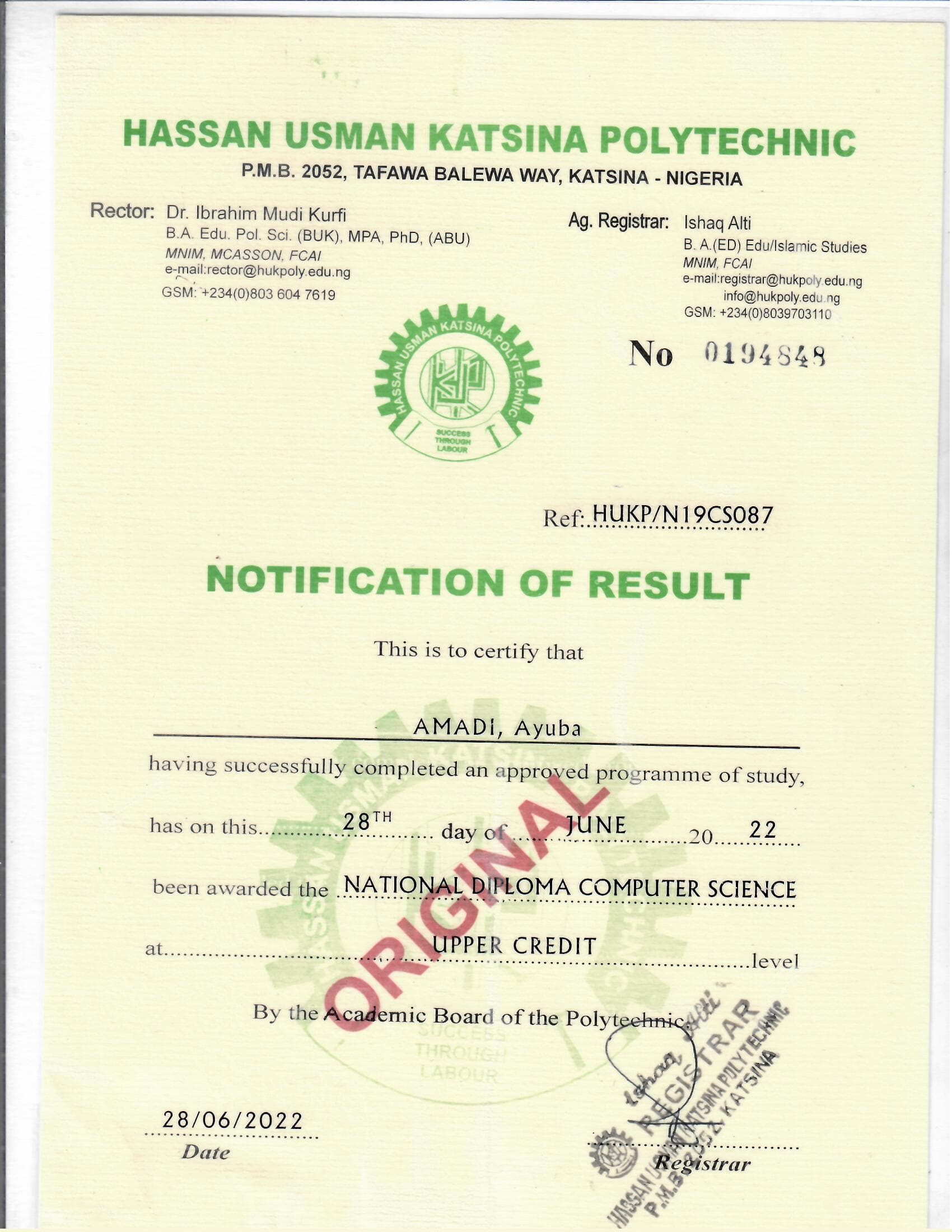National Diploma in Computer Science credential from Hassan Usman Katsina Polytechnic