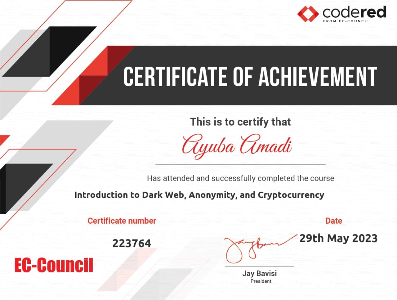 Dark Web, Anonymity, and Cryptocurrency course completion credential from EC-Council CodeRed