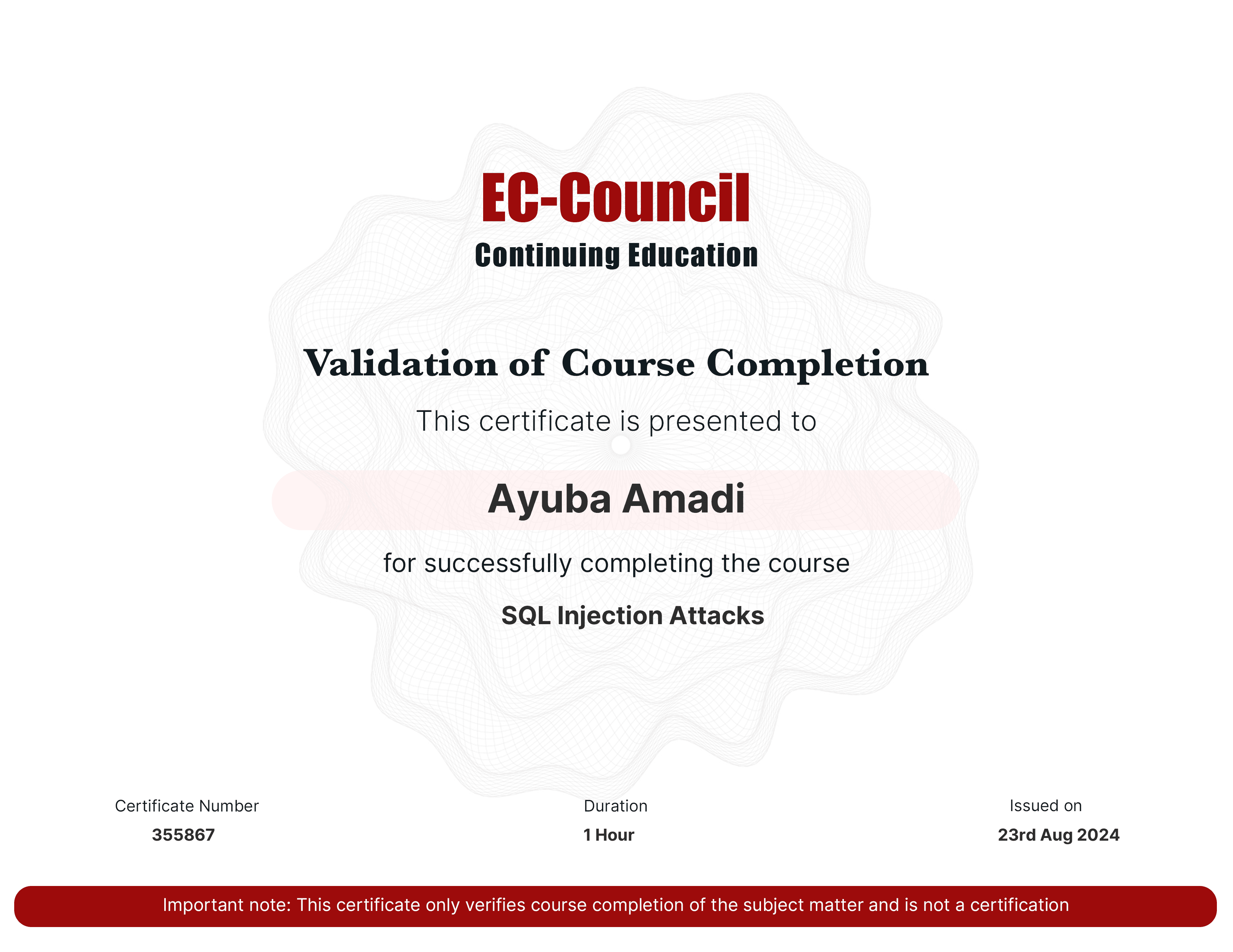 SQL Injection Attacks course completion credential from EC-Council Continuing Education