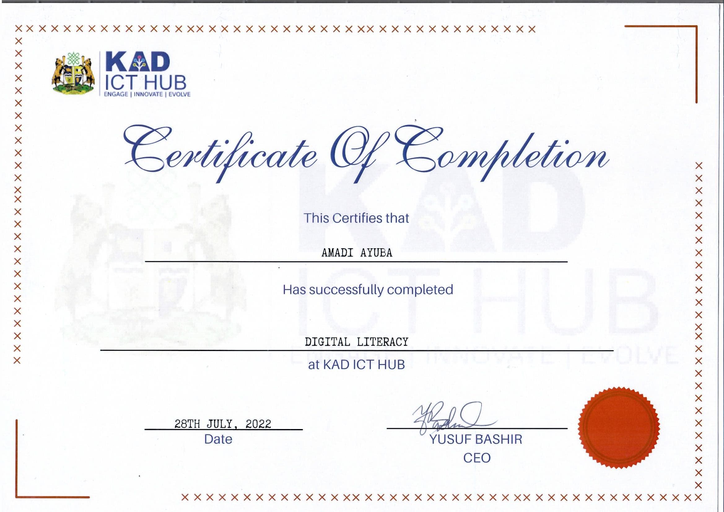 Digital Literacy completion credential from KAD ICT Hub