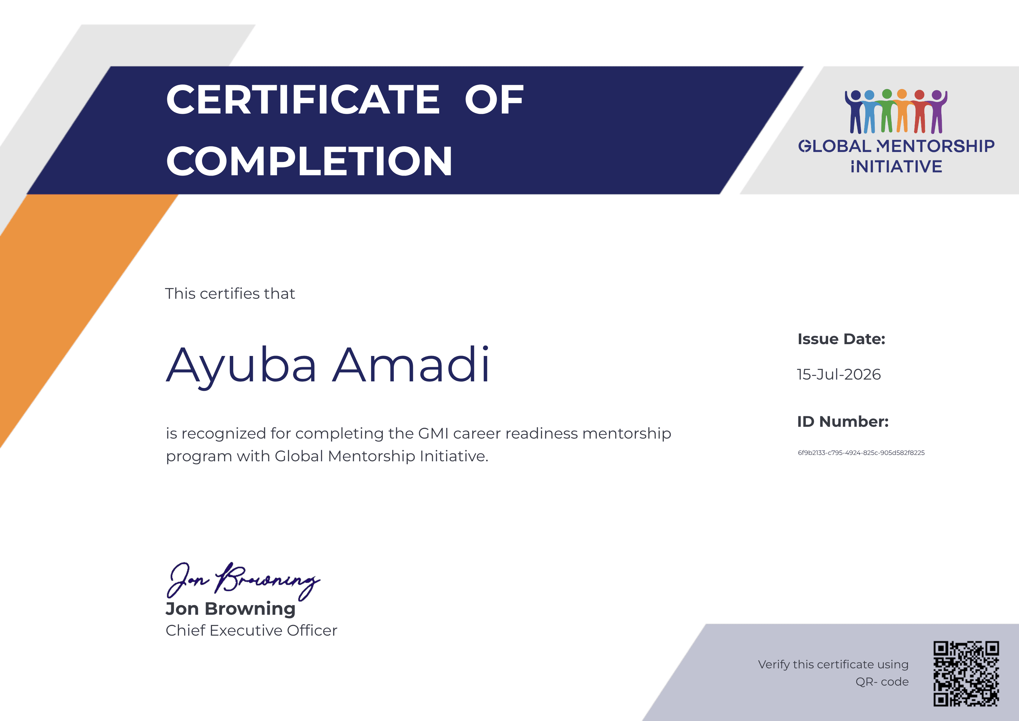 Global Mentorship Initiative Career Readiness Mentorship Program completion credential
