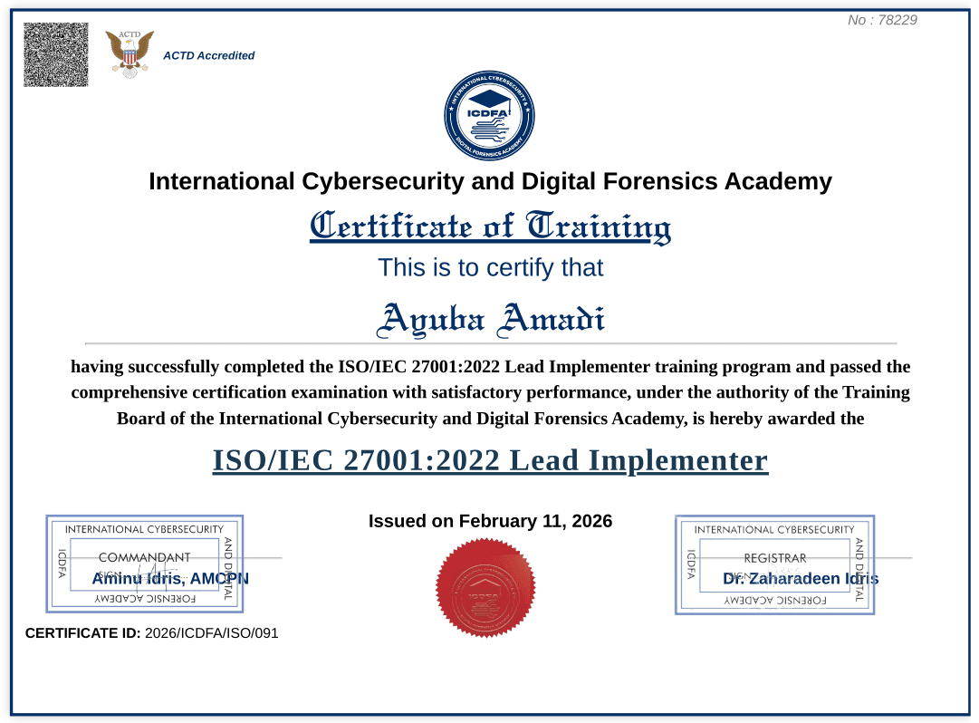 ISO/IEC 27001:2022 Lead Implementer certificate of training
